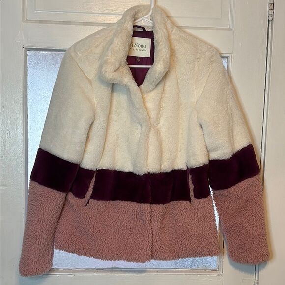 Ci Sono Jackets & Blazers - Ci Sono By Cavalini Cream and Purple Teddy Jacket with Colorblock Design Medium
